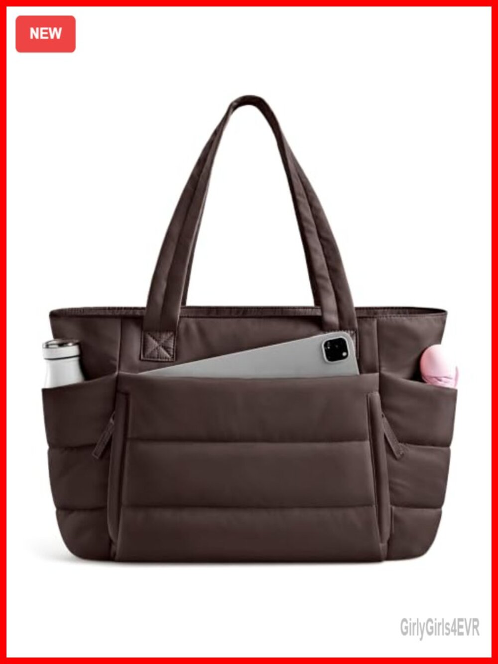 Quilted Puffer Tote Bag for Women with Zipper, Lightweight, Laptop Compartment,